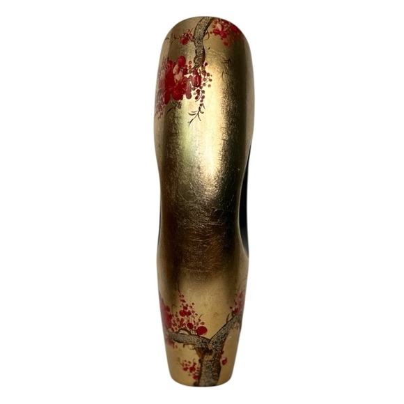 Asian LACQUERWARE Vase Gold w/Handpainted Red Flowers Black Hole 12" x 7" x 3" - Picture 2 of 10